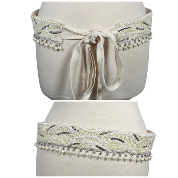 Piluca Bayarri Ibiza Tie Tassel Front Beaded Wide Obi Hip Belt OS Ivory Bohemian - Picture 1 of 6